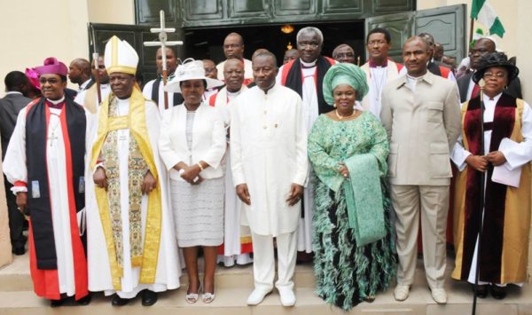 PIC. 5. FROM LEFT: BISHOP OF ENUGU ANGLICAN DIOCESE, RT. REVD. EMMANUEL CHUKWUMA; PRIMATE, CHURCH OF NIGERIA, ANGLICAN COMMUNION, MOST REV. NICHOLAS OKOH; HIS WIFE, NKASIOBI; PRESIDENT GOODLUCK JONATHAN; THE FIRST LADY, DAME PATIENCE JONATHAN; EXECUTIVE SECRETARY, NIGERIAN CHRISTIAN PILGRIMS COMMISSION, MR JOHNKENNEDY OPARA AND OTHERS, AFTER A THANKSGIVING AND FAREWELL SERVICE IN HONOUR OF PRESIDENT GOODLUCK JONATHAN AND HIS WIFE, AT THE CATHEDRAL  CHURCH OF THE ADVENT, LIFE CAMP, GWARIMPA IN ABUJA ON SUNDAY (10/5/15). 2487/10/5/2015/ICE/BJO/NAN