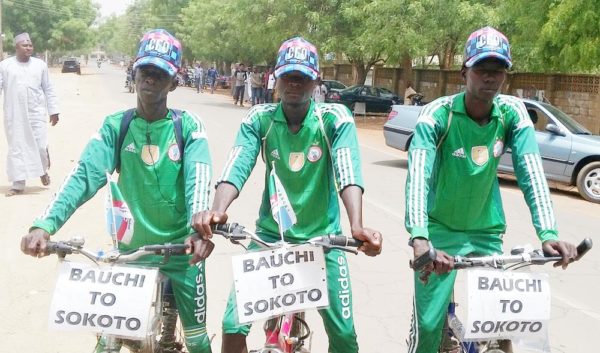 PIC. 1. FROM LEFT: BICYCLE RIDERS SOMALIA MOHAMMED, NASIRU YAU AND NUHU IBRAHIM, WHO RODE FROM BAUCHI TO SOKOTO IN 9 DAYS TO CONGRATULATE THE GOVERNOR-ELECT, SPEAKER AMINU TAMBUWAL IN SOKOTO ON MONDAY (18/5/15). 2634/18/5/2015/AAG/BJO/NAN