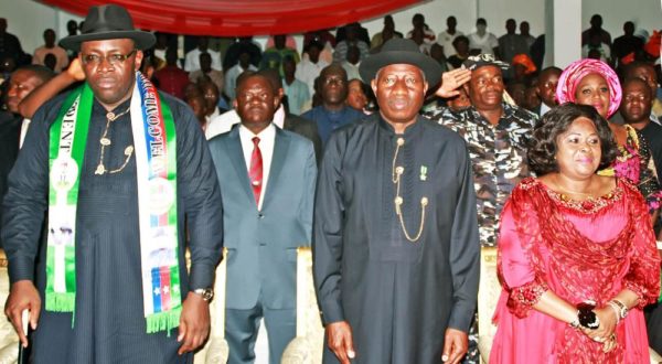 PIC.4. FORMER PRESIDENT GOODLUCK JONATHAN (2ND R), HIS WIFE PATIENCE AND  GOV. SERIAKE DICKSON OF BAYELSA, AT A RECEIPTION IN HONOUR OF FORMER  PRESIDENT JONATHAN BY THE OTUOKE COMMUNITY IN YENAGOA ON FRIDAY.  2841/30/5/2015/AO/CH/NAN