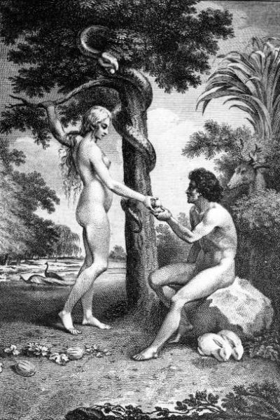 Classic Collection, Page 118, 10418653, A Biblical illustration showing Eve tempting Adam with the apple in the Garden of Eden  (Photo by Popperfoto/Getty Images)
