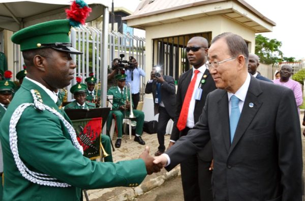 PIC. 5. THE SECRETARY-GENERAL OF UNITED NATIONS, MR BAN KIMOON (R), GREETS THE OFFICER-IN-CHARGE OF THE GUARDS BRIGADE BAND, CAPT. STEPHEN ENWEMUCHE, AFTER ADDRESSING STAFF OF UNITED NATIONS AGENCIES, DURING HIS VISIT TO THE BOMBED UNITED NATIONS BUILDING, IN ABUJA ON TUESDAY (24/8/15). 6137/24/8/2015/BJO/NAN