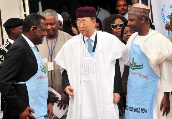 PIC. 7. FROM LEFT: EXECUTIVE DIRECTOR, UNITED NATIONS POPULATION FUND FOR POPULATION ACTIVITIES, PROF. BABATUNDE OSOTIMEHIN; SECRETARY-GENERAL OF UNITED NATIONS, MR BAN KI-MOON AND EXECUTIVE DIRECTOR, NATIONAL PRIMARY HEALTH CARE DEVELOPMENT AGENCY, DR ADO MUHAMMAD, DURING THE VISIT OF THE SECRETARY-GENERAL TO NATIONAL PRIMARY HEALTH CARE DEVELOPMENT AGENCY IN ABUJA ON MONDAY (24/8/15). 6139/24/8/2015/JAU/BJO/NAN