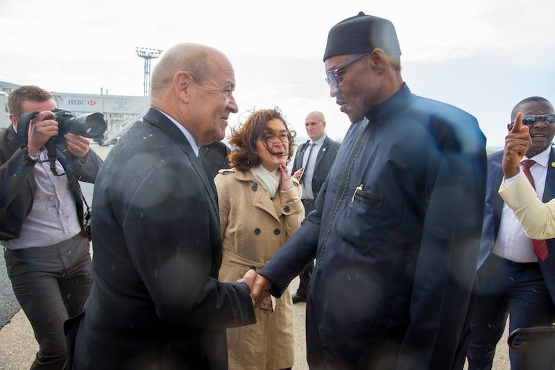 President Buhari being welcomed by H.E. Mr. Thierry Leleu, Governor of Val de Marne Province at the Pavillion de Honour, Orly International airport, Paris