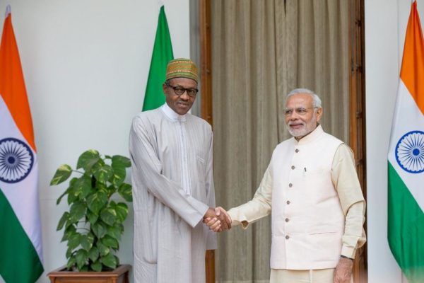PIC. 26. PRESIDENT MUHAMMADU BUHARI (L), BEING RECEIVED BY THE INDIAN PRIME MINISTER, NARENDRA MODI, AT THE HYDERABAD HOUSE, DURING HIS OFFICIAL VISIT FOR THE 3RD INDIA-AFRICA FORUM SUMMIT, IN NEW DELHI, INDIA ON WEDNESDAY (28/10/15). 3892/28/10/2015/MO/ICE/BJO/NAN