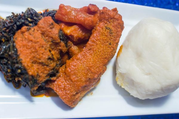 Efo Riro, Stewed Kpomo, Shaki and Beef and Pounded Yam