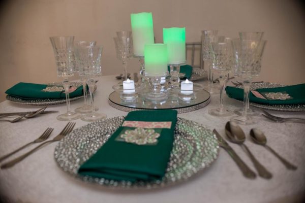 Green Sliver Crystal Candles Tablescape
