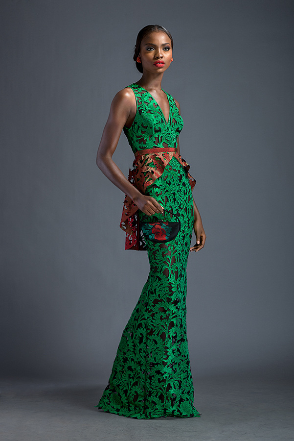 Salma - Emerald floor length dress with attached peplum belt frill. Dress and belt frill patterned with Komole Kandids Forest motif.