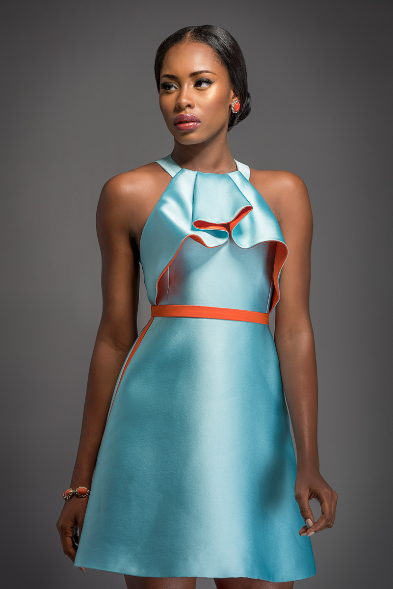 NINA Sky blue short dress with coral inlay and belt.