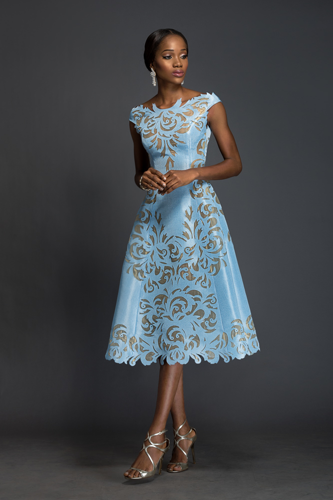 SOPHIA Alice blue Aso-oke, A-line dress patterned with Komole Kandids Nectar motif.