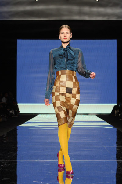 Chiffon bowed shirt and high waisted patchwork skirt (Heidi, South Africa)