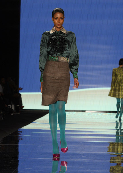 Ruffled silk-satin shirt and pleated wool pencil skirt
