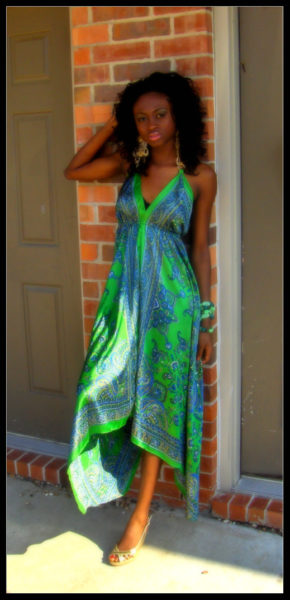 Green scarf dress: WETSEAL, Wedges: Cutesy Shoes
