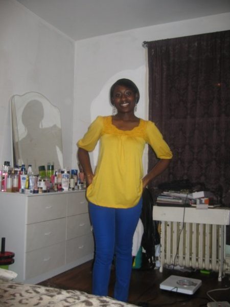 Blue skinny jeans paired with yellow knit top: Rainbow