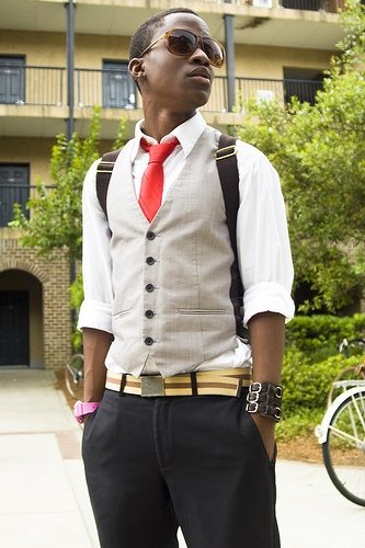 12 DG shades; Tie: Topshop; Shirt: Dockers; Waistcoat: Topshop; Watch: Casio; Hot topic bracelet