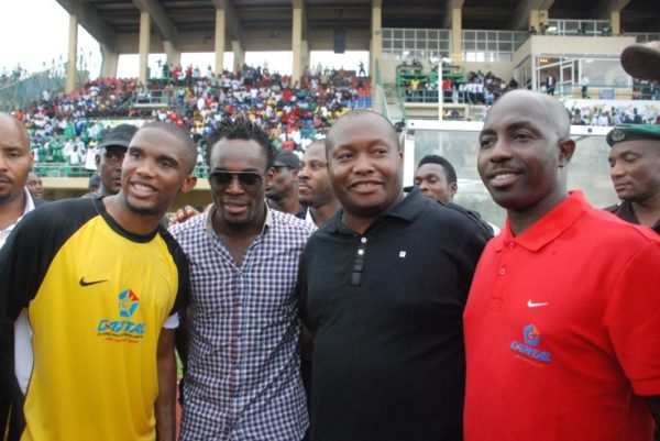Samuel Etoo, Micheal Essien, Chief Ifeanyi Ubah, Chairman, Capitol Oil and Coach Samson Siasia during the match