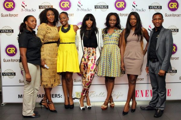 Mrs. Bola Balogun-Creator & Producer of Glam Report TV with the show's presenters; Michelle Ded, Fade Ogunro, Didi Ocheja and Actress and Face of Venus, Omoni Oboli and the Venus team.