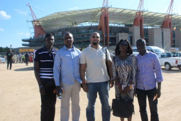 Etisalat customers; Santus Shaida, Paul Moses Abutu and Paul Ehiane (left), Plato Syrimis(Etisalat Director Customer Care) (middle) and Catherina Adeh,  also Etisalat customers on arrival at the Mbombela Stadium, Nelspruit for the Nigeria v Zambia AFCON match