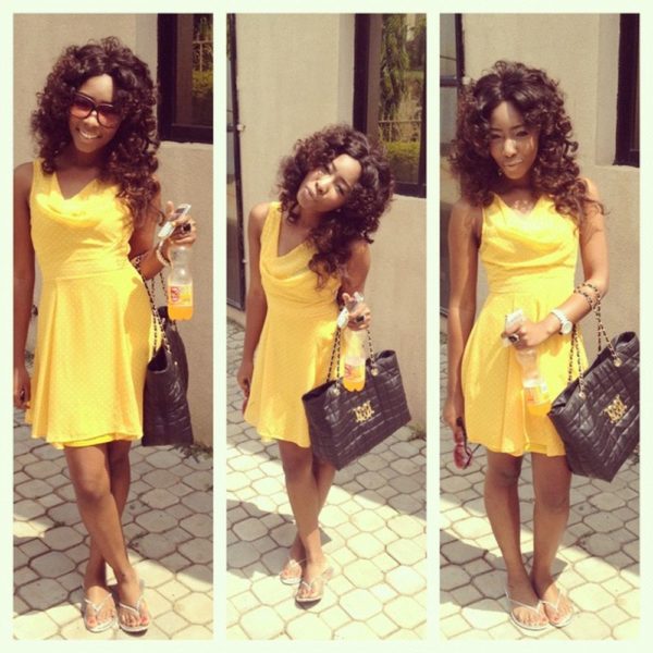 Yellow Sun dress with a Black bag & Sandals