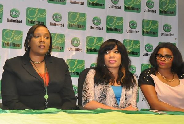 Brenda Akhigbe of Glo Post-paid Sales and Glo ambassadors, Monalisa Chinda and Chidinma Okebalama (Chee) during the launch of Glo’s first-of-its-kind post-paid package, Glo Infinitiser in Lagos