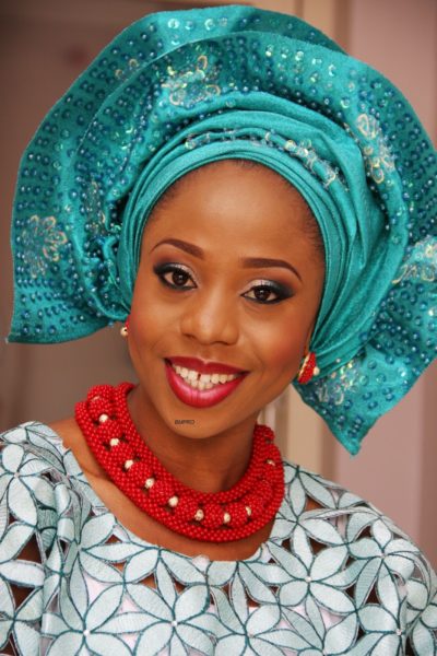 Yetunde in Aquamarine (Blue) Sequin Gele - Makeup by BMPRO