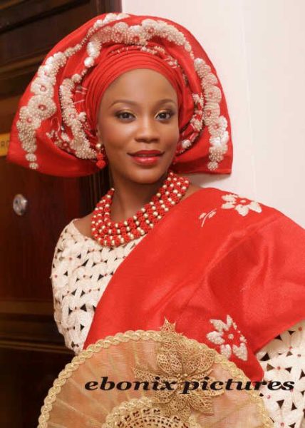 Olamide in Red Gele with Gold Sequins | Photo by Ebonix