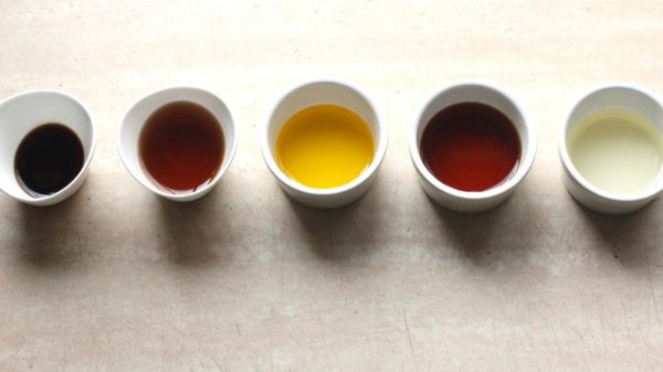 L-R (Dark Soy Sauce, Fruit Vinegar, Mustard Oil, Rum, Coconut Oil)