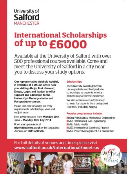 University of Salford Manchester Internatinal Scholarships - Bellanaija - July2014