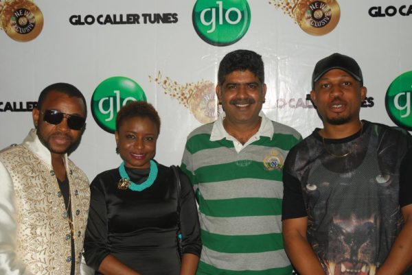 Glo Ambassadors Sanni Danja, Ego and Naeto C (right) with Globacom Head, VAS Commercial, Viswanath Nagassai at Industry Nite