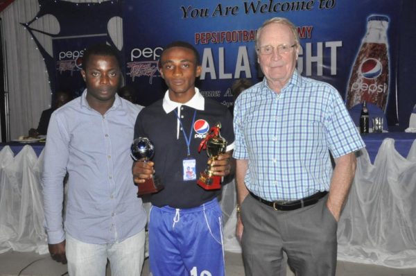 L-R: Technical Officer,PFA, Adewale Laloko,  Thankgod Nnoron,  Most Valuable Players for the 3rd Place  Match for U-16 and the Consultant to Pepsi Football Academy, Mr. Iain Nelson