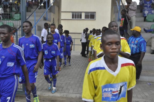 The Pepsi Football Academy U-14 from the East line up against U-14 from West 1 during the Pepsi Football Academy Festival of Youth in Lagos at the weekend