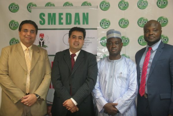 Globacom’s Chief Commercial Director, Ajay Mathur; Regional Chief Marketing Officer, Ashok Israni; the Director General, SMEDAN, Hon Bature Umar Masari, and Head, Corporate Sales, Globacom, Kamaldeen Shonibare.