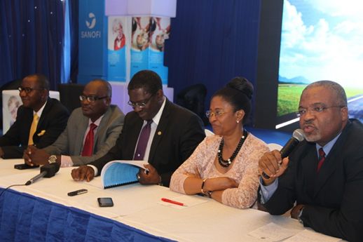 L-R: Pharm. Dimeji Agbolade (Head of Public Affairs, Sanofi Nigeria-Ghana), Prof. Babatope Kolawole (Consultant Physician & Endocrinologist, Obafemi Awolowo University, Ile-Ife), Prof. Adewale Oke (Chief Medical Director, Lagos State University Teaching Hospital), Dr. Dorothy Esangbedo (President, Union of National African Pediatric Societies and Associations, UNAPSA) and Dr. Inoussa Fifen (Director of Medical and Regulatory Affairs, Sanofi Nigeria-Ghana) addressing a press conference during the launch of INSUMAN in Lagos