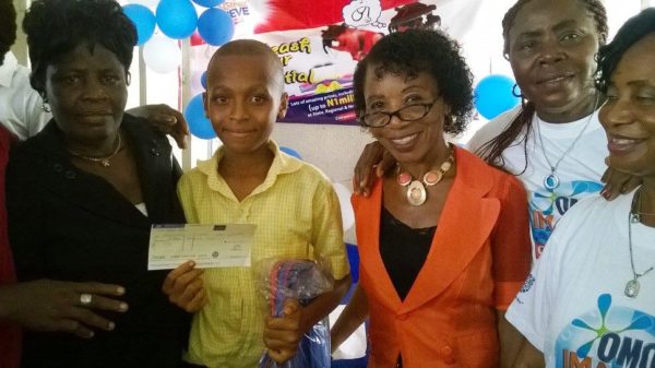 Echewuodo Anthony (middle), Ihiagwa Pry School, third position and winner of 15 thousand naira in the Imagine and Achieve Essay Competition in Imo State