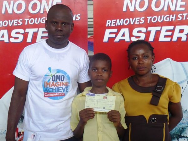 Coordinator, Children of Africa, Kunle Alaba; Omo Imagine and Achieve Art Competition second runner-up, Mayowa Olujobi and Mrs Olujobi at the Lagos State finals of the Omo Imagine and Achieve competition