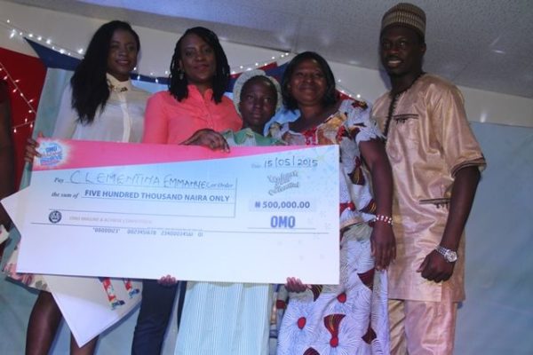 Brand Manager, Omo, Sarah Adoki;  Category Manager Fab Cleaning, Unilever, Ibironke Ugbaja; Ugbaja second position and winner of 500 thousand naira, from Mafah Education Centre, Benin, Clementina Emmanuel; Mrs. Emmanuel (Mother) and Omo Brand Ambassador,  Ali Nuhu at the Omo Imagine and Achieve Competition grand finale in Lagos