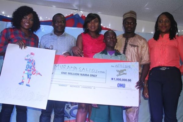 Omo Brand Ambassador Funke Akindele; Brand Building Director, Unilever Nigeria, David Okeme; Omo Brand Ambassador Chioma Akpotha; winner of 1 million naira, from Army Children School, Abule Egba, Lagos, Imurang Salisu; Omo Brand Ambassador  Ali Nuhu and Category Manager Fab Cleaning, Unilever, Ibironke Ugbaja at the Omo Imagine and Achieve Competition grand finale in Lagos.