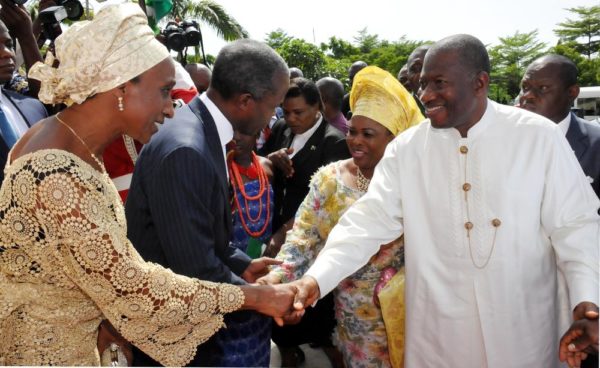 PIC 19. VICE-PRESIDENT-ELECT, PROF. YEMI OSIBANJO (2ND L) AND HIS WIFE, MRS DOLAPO RECEIVING PRESIDENT GOODLUCK JONATHAN (R) AND THE FIRST LADY, DAME PATIENCE JONATHAN TO THE 2015 PRESIDENTIAL THANKSGIVING AND INAUGURATION INTERDENOMINATIONAL CHURCH SERVICE AT THE NATIONAL CHRISTIAN CENTRE ABUJA ON SUNDAY (24/5/15). 2741/24/5/2015/ice/NAN
