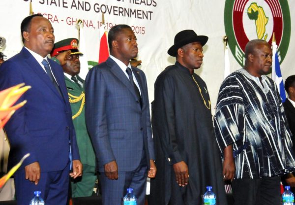 PIC. 21. FROM LEFT: PRESIDENT MAHAMADOU ISSOUFOU OF NIGER; PRESIDENT FAURE GNASSINGBE OF TOGO; PRESIDENT GOODLUCK JONATHAN OF NIGERIA AND PRESIDENT JOHN MAHAMA OF GHANA, AT THE 47TH ORDINARY SESSION OF THE ECOWAS AUTHORITY OF HEADS OF STATE AND GOVERNMENT IN ACCRA, GHANA ON TUESDAY (19/5/15). 2673/18/5/2015/ICE/OTU/BJO/NAN