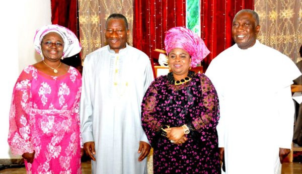 PIC 5. FROM LEFT: WIFE OF THE CHAPLAIN, ASO VILLA CHAPEL, MRS MARTHA ONWUZURUMBA; PRESIDENT GOODLUCK JONATHAN; FIRST LADY, DAME PATIENCE JONATHAN AND CHAPLAIN, VEN OBIOMA ONWUZURUMBA AT A SPECIAL THANKSGIVING CHURCH SERVICE FOR THE FIRST FAMILY AT THE ASO VILLA CHAPEL, ABUJA ON SUNDAY (17/5/15) 2628/17/5/2015/ICE/HF/NAN