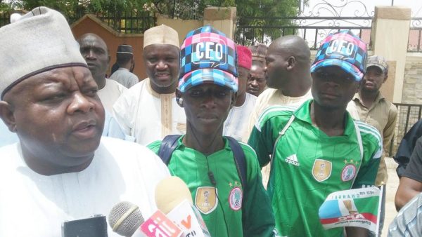 PIC. 6. REPRESENTATIVE OF THE SOKOTO STATE GOVERNOR-ELECT, ALHAJI MUSA GIRKAU (L), RECEIVING BYCYCLE RIDERS WHO RODE FROM BAUCHI TO SOKOTO IN 9 DAYS TO CONGRATULATE THE GOVERNOR-ELECT, SPEAKER AMINU TAMBUWAL IN SOKOTO ON MONDAY (18/5/15). 2638/18/5/2015/AAG/BJO/NAN