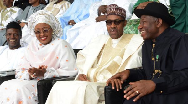 PIC.4.FROM LEFT: VICE PRESIDENT  YEMI  OSINBAJO; FIRST LADY, HAJIA AISHA BUHARI; PRESIDENT MUHAMMADU BUHARI AND FORMER PRESIDENT GOODLUCK JONATHAN, DURING THE INAUGURATION OF PRESIDENT BUHARI IN ABUJA ON FRIDAY (29/5/15). 2817/29/5/2015/ISE/CH/NAN