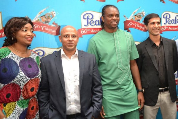 Dolapo Otegbayi, Marketing Manager, FrieslandCampina WAMCO Nigeria Plc; Tarang Gupta, Marketing Director, FrieslandCampina WAMCO Nigeria Plc; Nwankwo Kanu, Nigeria’s Ex-International and Rahul Colaco, Managing Director, FrieslandCampina WAMCO Nigeria Plc at the Peak 60th Anniversary Celebration Event held at Eko Hotel on Saturday, May 23, 2015