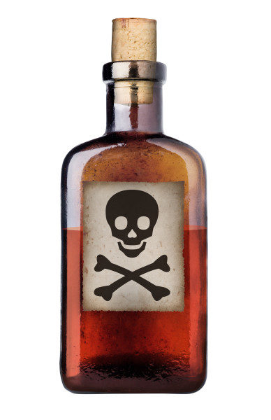 Poison bottle with warning sign in label, isolated, clipping path.