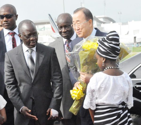 PIC 16. UN SECRETARY-GENERAL, BAN KI-MOON (R) WITH THE PERMANENT SECRETARY, MINISTRY  OF FOREIGN AFFAIRS, AMB. PAUL LOLO (L) DURING THE SECRETARY-GENERALS ARRIVAL AT THE  NNAMDI AZIKIWE INTERNATIONAL AIRPORT IN ABUJA ON SUNDAY (23/8/15). 6124/23/8/2015/CH/ICE/NAN