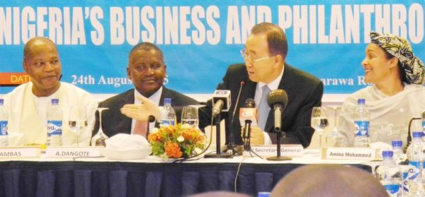 PIC.15. FROM LEFT: SPECIAL REPRESENTATIVE OF THE UN SECRETARY-GENERAL FOR WEST AFRICA, MOHAMED IBN CHAMBAS; PRESIDENT, DANGOTE GROUP, ALIKO DANGOTE; SECRETARY- GENERAL OF THE UN, BAN KI-MOON; AND THE SPECIAL ADVISER ON POST-2015 DEVELOPMENT PLANNING TO THE UN SECRETARY-GENERAL, AMINA MOHAMMED, DURING THE SECRETARY- GENERAL'S MEETING WITH NIGERIA'S BUSINESS AND PHILANTHROPY LEADERS, IN ABUJA ON MONDAY (24/8/15). 6147/24/8/2015/DKO/NAN