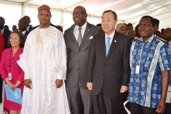 PIC. 4. UNICEF COUNTRY REPRESENTATIVE IN NIGERIA, DR SUOMI SAKAI; DEPUTY PERMANENT REPRESENTATIVE OF NIGERIA TO THE UNITED NATIONS, AMB. USMAN SARKI; SECRETARY-GENERAL OF THE UNITED NATIONS, MR BAN KIMOON; RESIDENT COORDINATOR OF UNITED NATIONS IN NIGERIA, MR DAOUDA TOURE AND PRESIDENT, FEDERATION OF UNITED NATIONS STAFF ASSOCIATION OF NIGERIA, DR NOMA OWENS-IBIE, DURING THE VISIT OF THE SECRETARY-GENERAL TO ADDRESS STAFF AT THE BOMBED UNITED NATIONS BUILDING IN ABUJA ON TUESDAY (24/8/15). 6136/24/8/2015/BJO/NAN