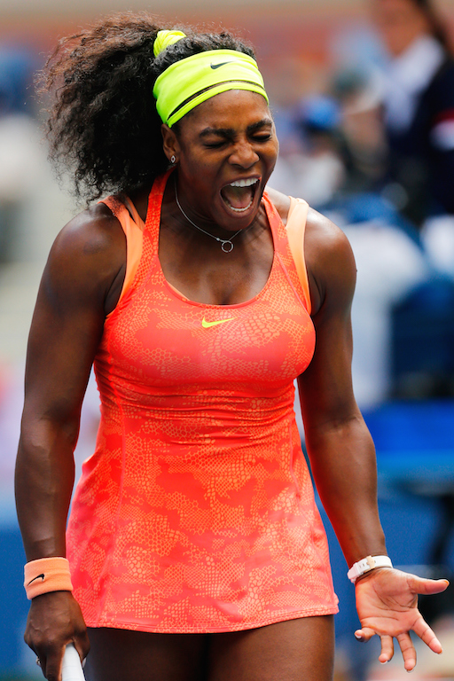 NEW YORK, NY - SEPTEMBER 11: Serena Williams of the United States reacts against Roberta Vinci of Italy during their Women's Singles Semifinals match on Day Twelve of the 2015 U.S. Open at the USTA Billie Jean King National Tennis Center on September 11, 2015 in the Flushing neighborhood of the Queens borough of New York City. (Photo by Mike Stobe/Getty Images for the USTA)