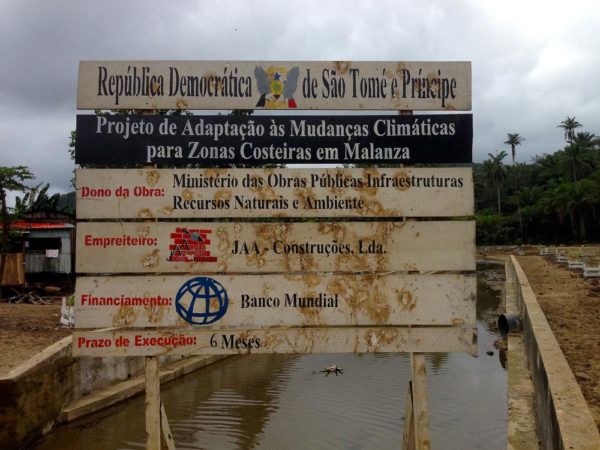 A board explaining the construction of a government-led mitigation strategy in the flood-prone Malanza region of São Tomé,