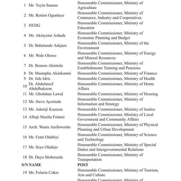 Lagos State appoints Commissioners & Special Advisers See the List