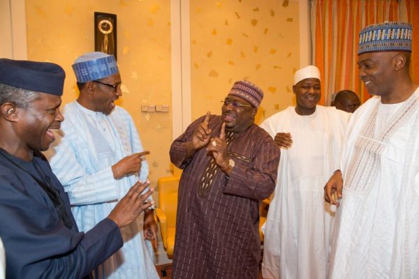 PIC 24. FROM LEFT: VICE-PRESIDENT YEMI OSINBAJO; PRESIDENT MUHAMMADU BUHARI; SENATOR  REPRESENTING FCT, SEN PHILIP ADUDA; SPEAKER, HOUSE OF REPRESENTATIVES, YAKUBU DOGARA AND  SENATE PRESIDENT BUKOLA SARAKI DURING A MEETING OF  PRESIDENTBUHAR WITH LEADERSHIP OF THE  NATIONAL ASSEMBLY AT THE PRESIDENTIAL VILLA ABUJA ON WEDNESDAY (7/10/15) 7050/7/10/2015/ICE/NAN